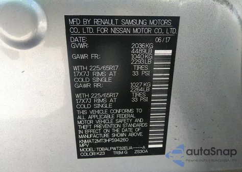 2017 Nissan Rogue S z USA, uszkodzony, nr VIN KNMAT2MT3HP594260